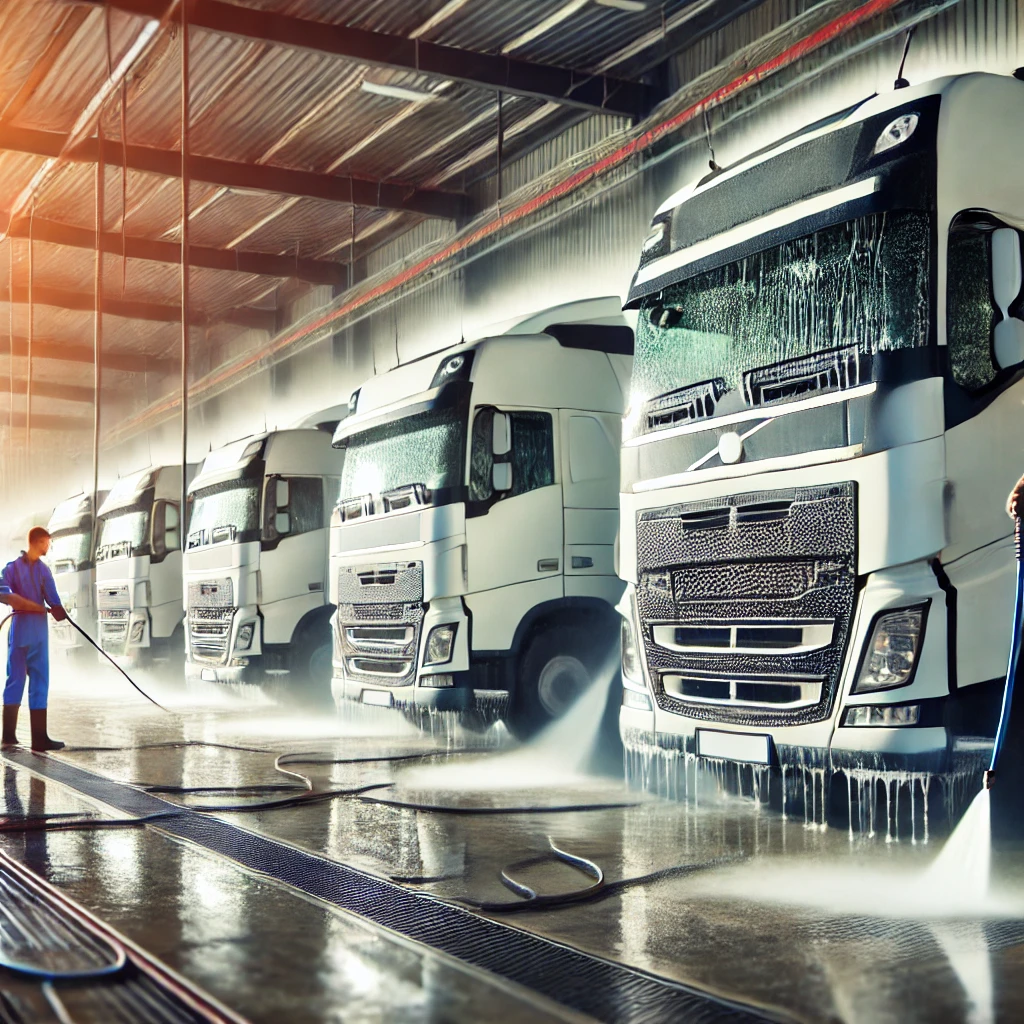 image of a team power washing a fleet of trucks in an industrial setting.